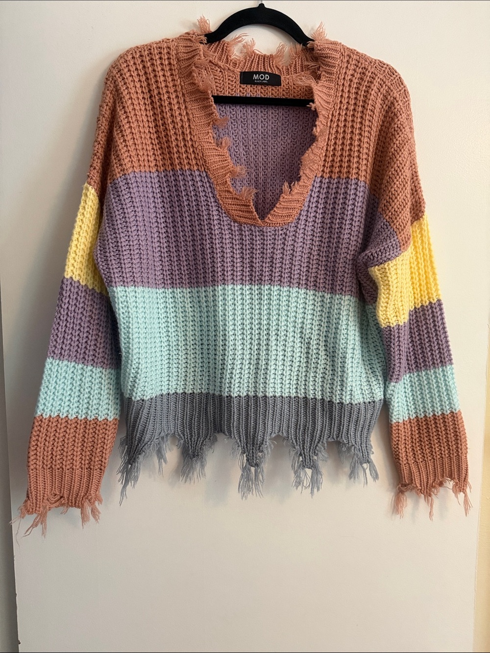 Striped Distressed V-Neck Sweater in Rust, Lavender & Mint